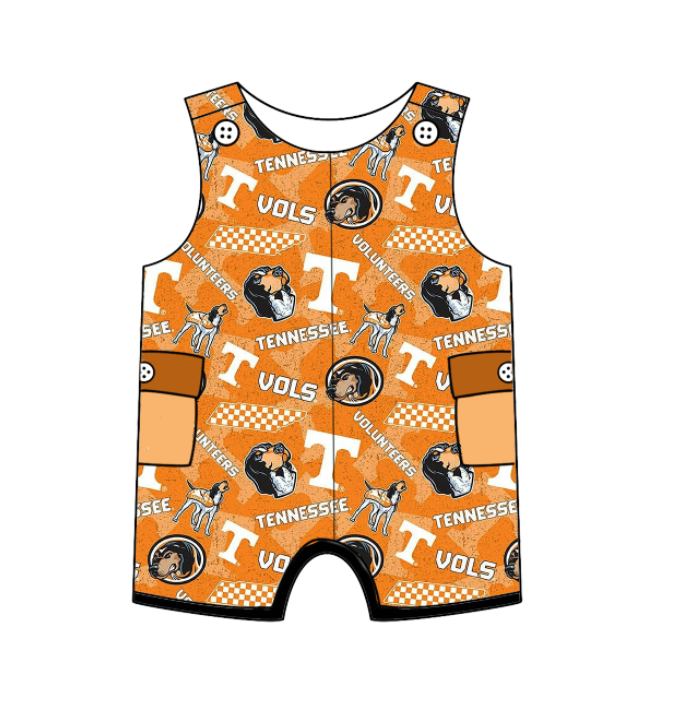 Preorder (moq 5)Baby Girls Orange Sleeveless T Vols Dogs Team Shorts Rompers