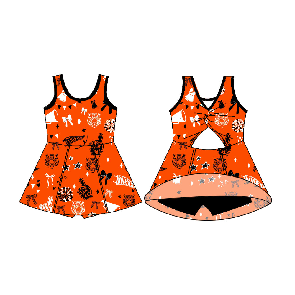 Preorder (moq 5)Baby Girls Sleeveless Orange Tiger Bows Shorts Team Dresses