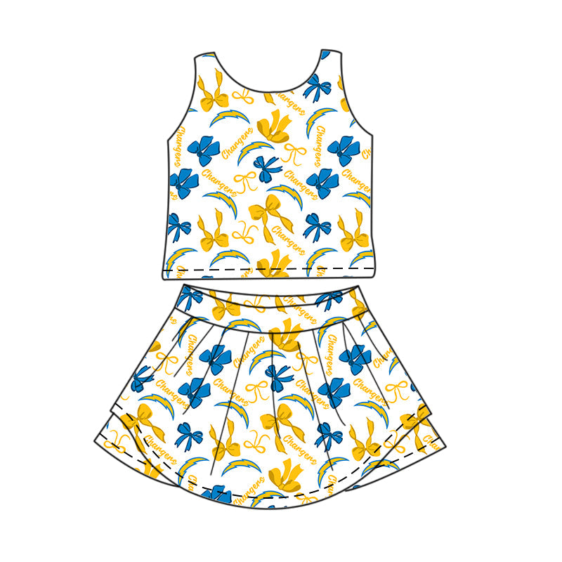 Preorder (moq 5)Baby Girls Sleeveless Bows Chargers Top Skirt Short Team Clothes Sets