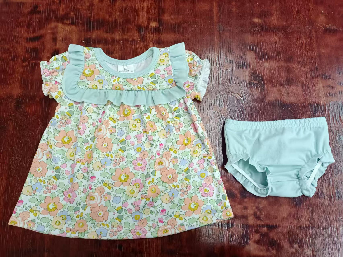 Preorder moq 5 Baby Girls Short Ruffle Sleeves Aqua Floral Tunic Bummies Set