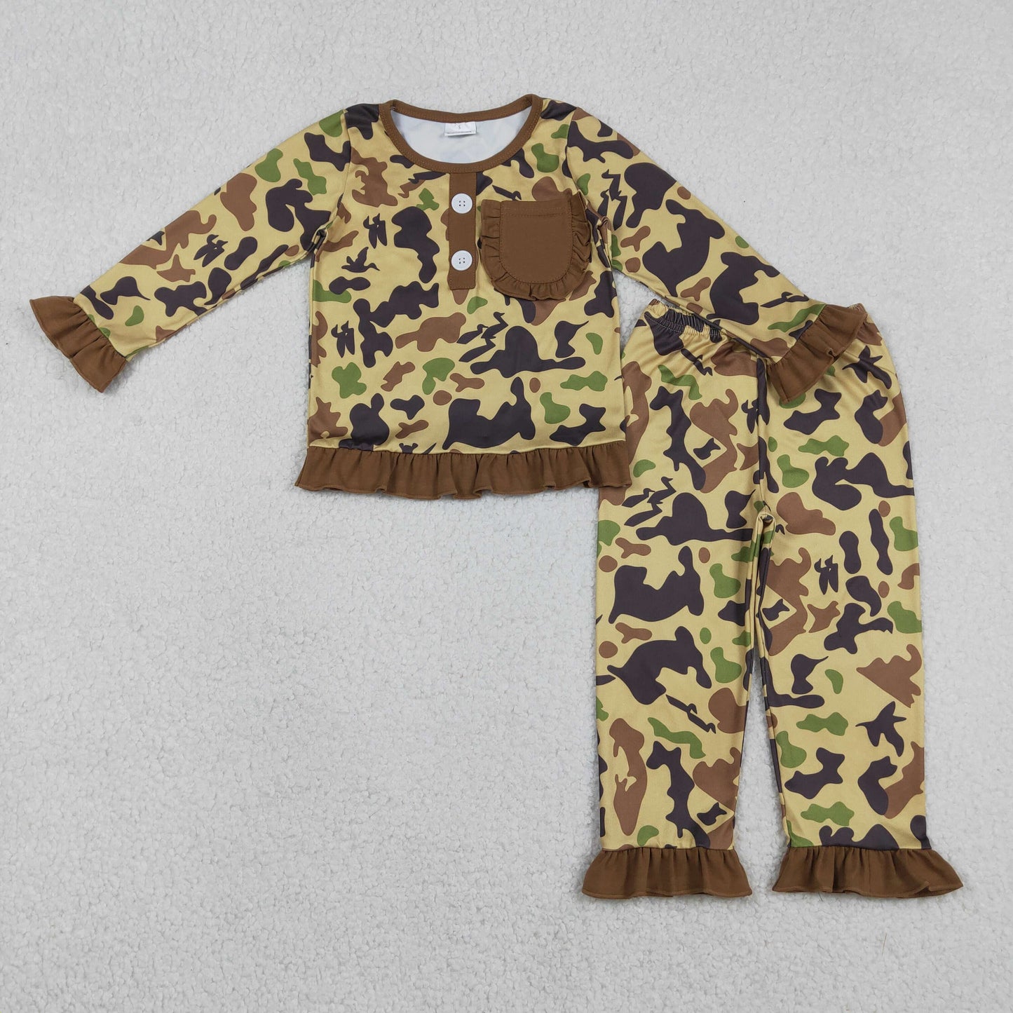 Baby Girls Brown Camo Pocket Button Top Ruffle Pants Hunting Pajamas Sets
