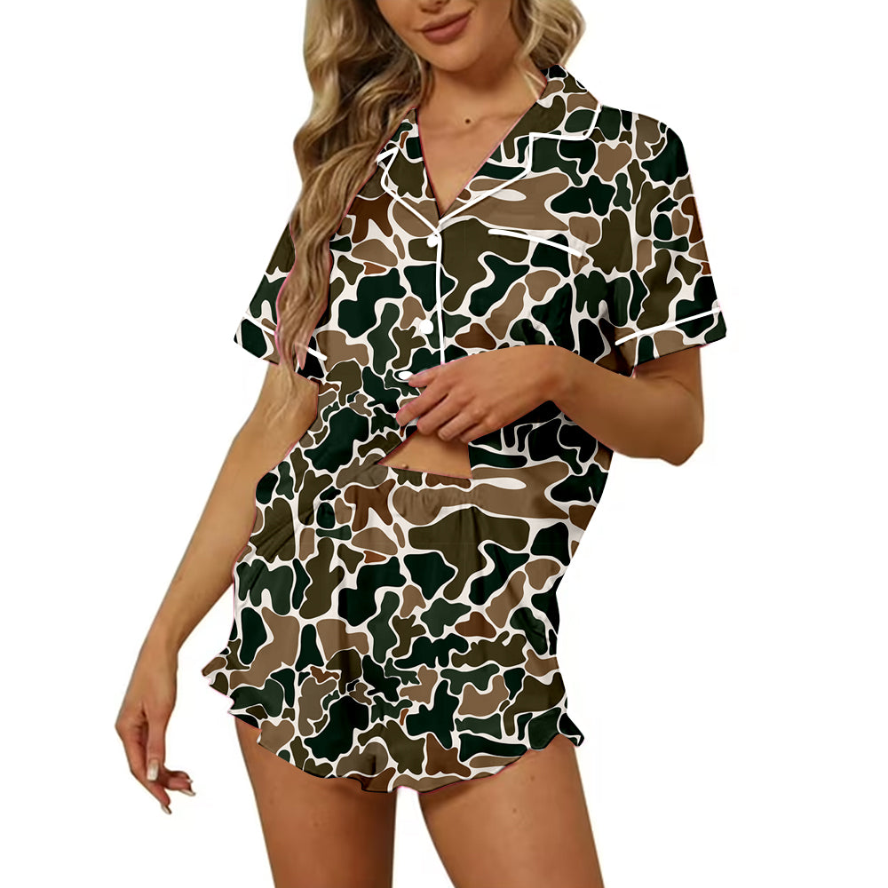 Preorder moq 5 Adult Women Brown Camouflage Button Pocket Top Short Pajamas