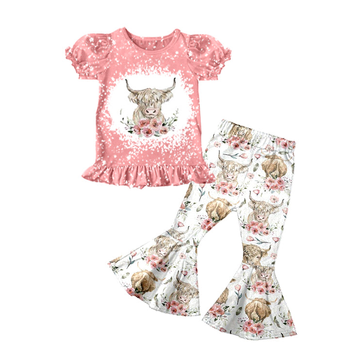 Baby Girls Short Sleeve Highland Cows Flowers Shirt Bell Pants Outfits Sets preorder(moq 5)