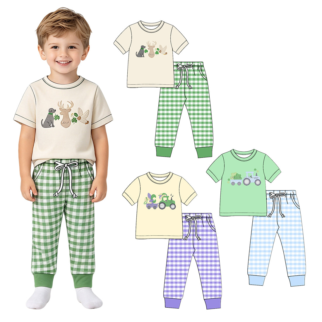 Preorder (moq 5) Baby Boy Clothes St Patricks Day Hunting Dog Deer Duck Embroidery Print Short Sleeve Tee Green Gingham Jogger Pants Set