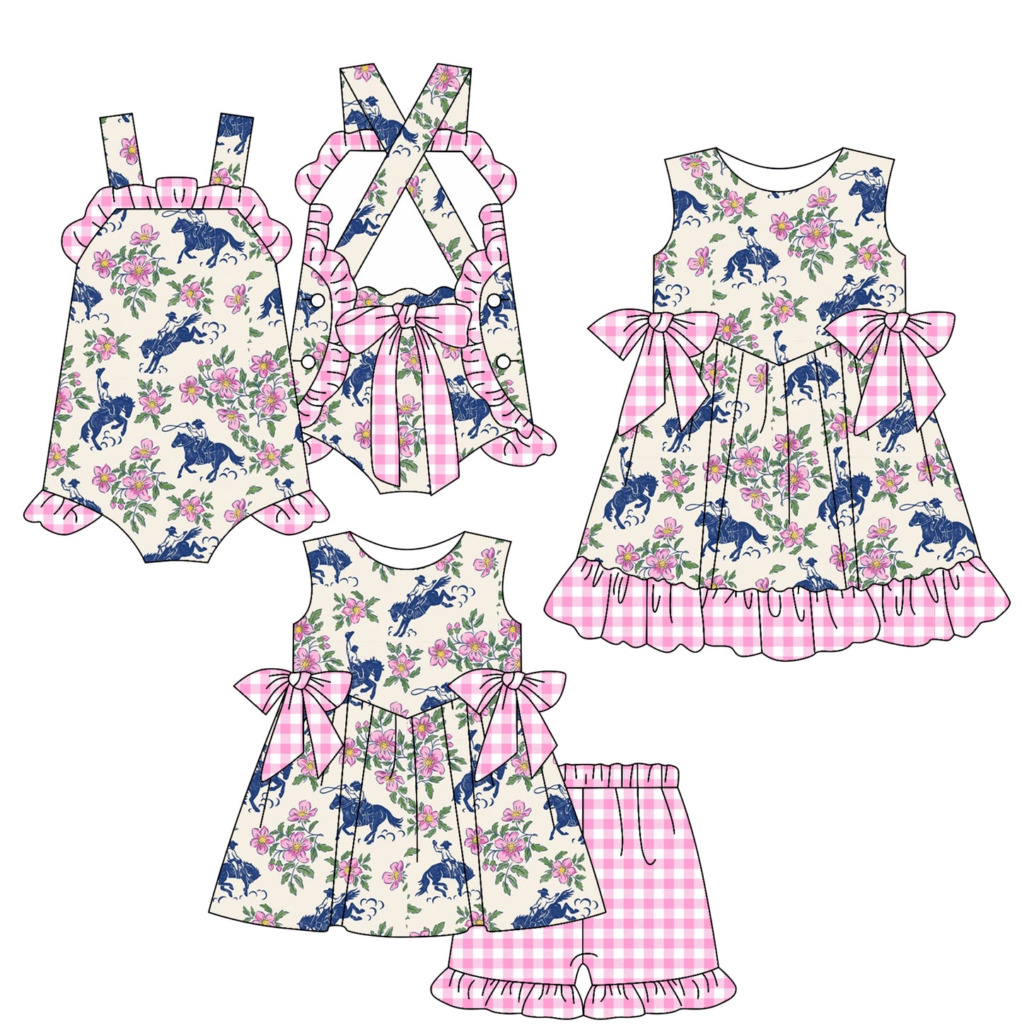 Preorder moq 5 Custom Baby Girls Strap Pink Floral Horse Rodeo Tunic Plaid Ruffle Short Set Knee Length Dress And Rompers