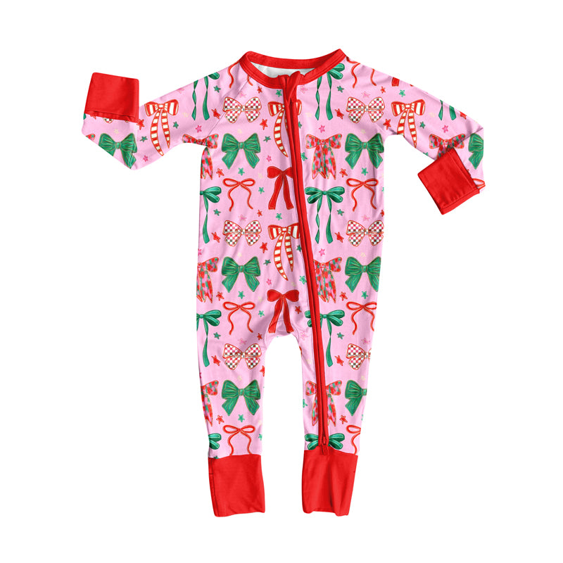 Preorder(moq 5)Baby Girls Red Green Bows Stars Plaid Zipper Pant Rompers