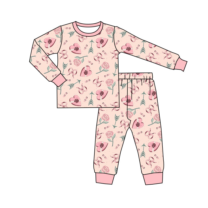 Preorder (moq 5)Baby Girls Flower Hearts XOXO Top Pants Valentines Pajamas Sets