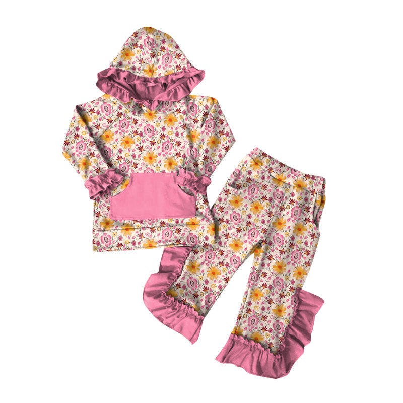 Preorder (moq 5)Baby Girls Colorful Flowers Hoodie Pocket Top Ruffle Pant Clothes Sets