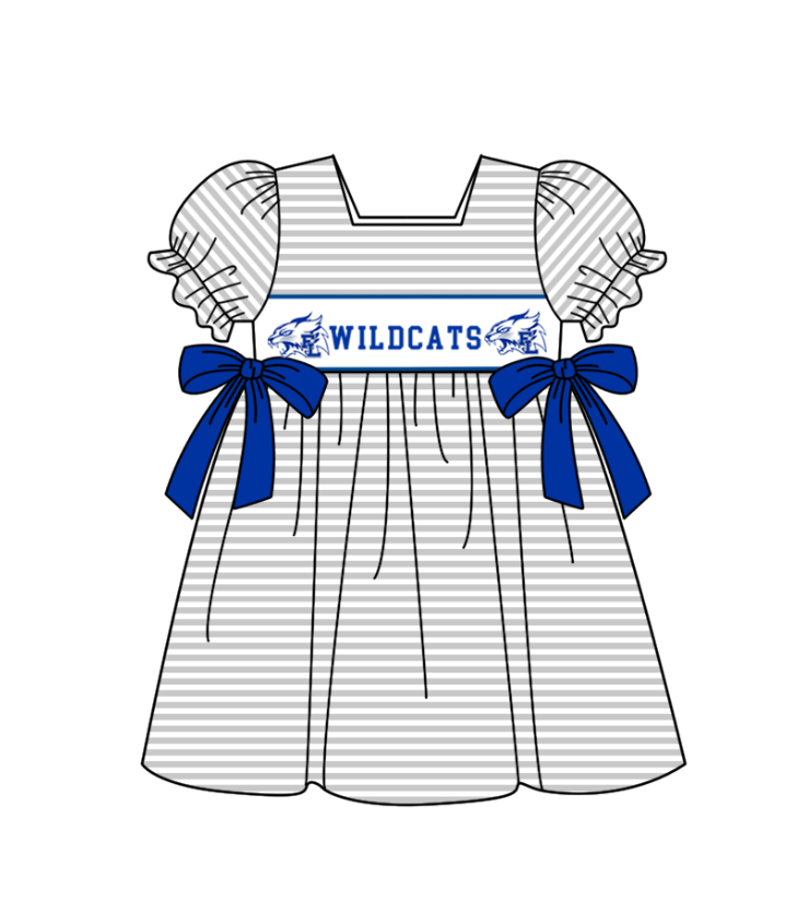 Preorder (moq 5)Baby Girls Wildcats Bows Stripe Team Knee Length Dresses
