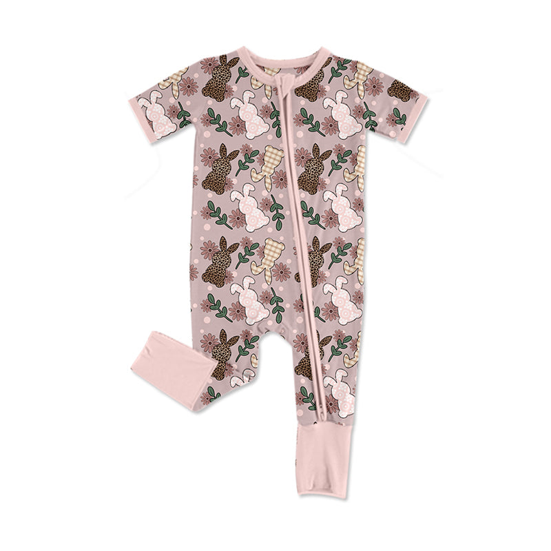 Preorder (moq 5)Baby Girls Leopard Rabbits Easter Two Way Zip Convertible Rompers