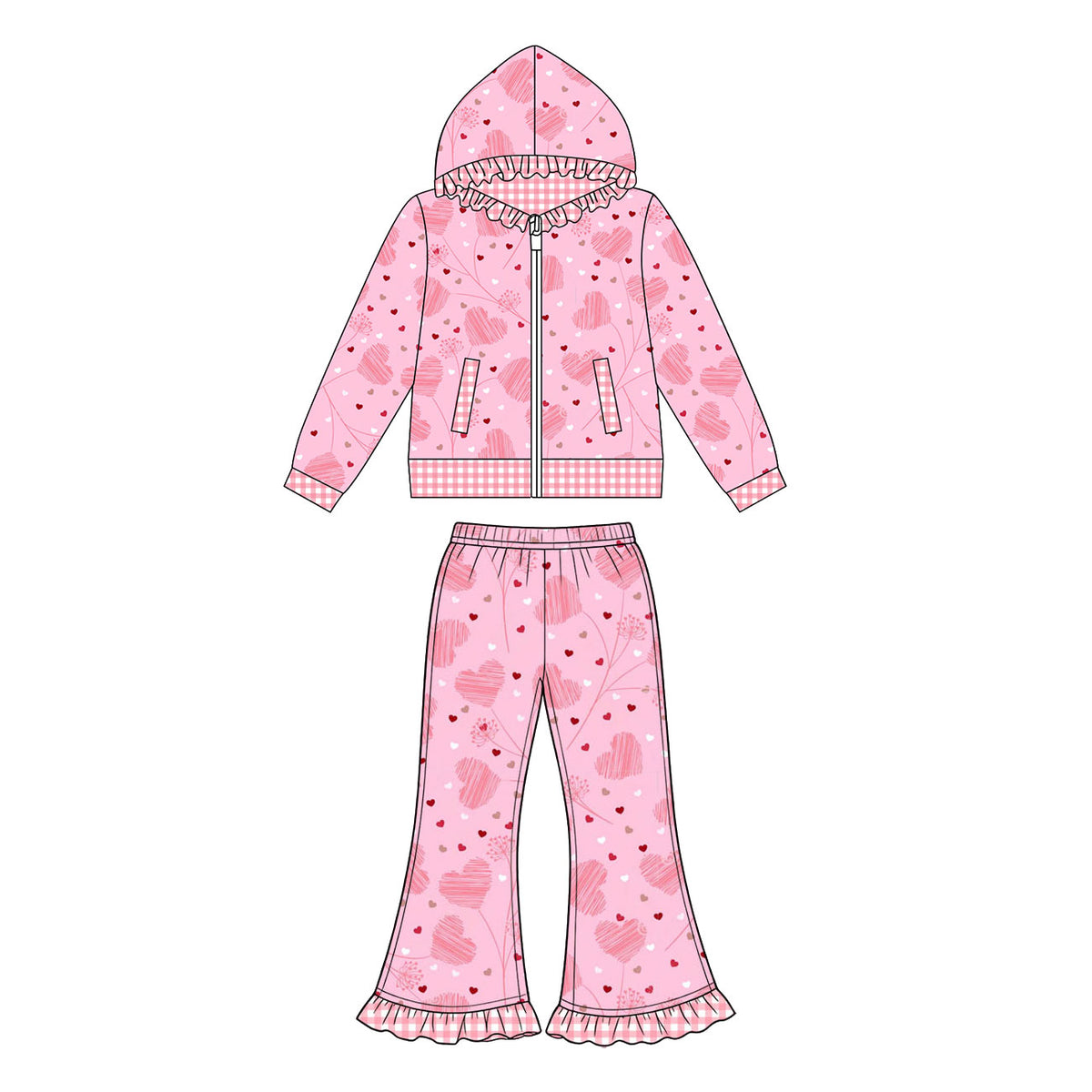 Preorder (moq 5) Baby Girl Clothes Sketch Heart Ditsy Floral Print Long Sleeve Ruffle Hood Zip Jacket Ruffle Flare Pant Set
