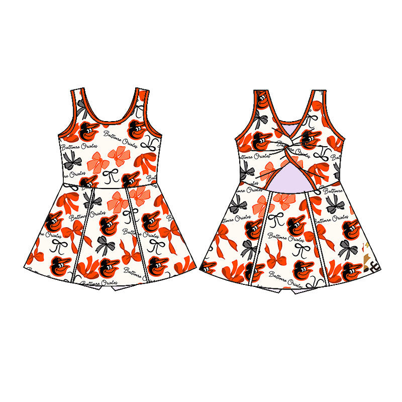 Preorder (moq 5)Baby Girls Sleeveless Orange Bows Plaid Baltimre Short Team Knee Length Dresses