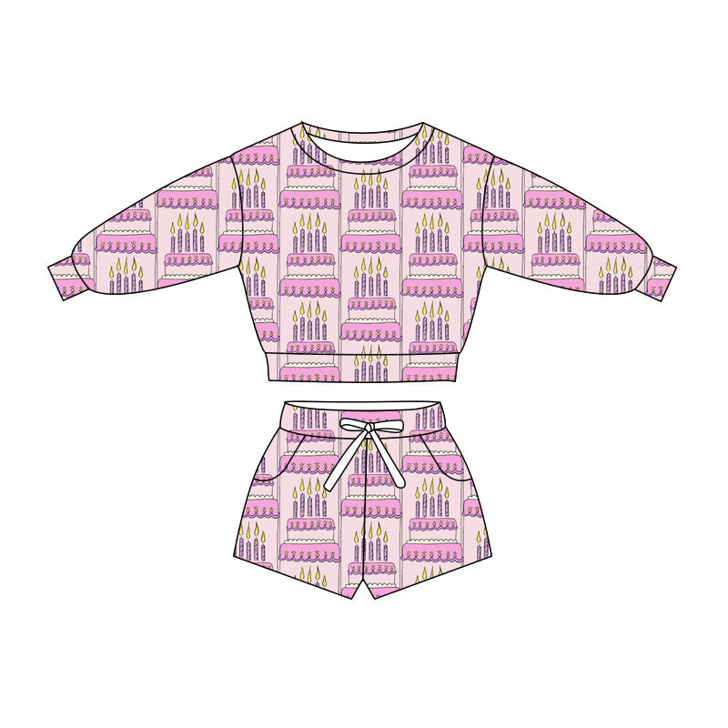 Preorder(moq 5) Baby Girls Pink Happy Birthday Day Cakes Long Sleeve Pockets Shorts Clothes Sets