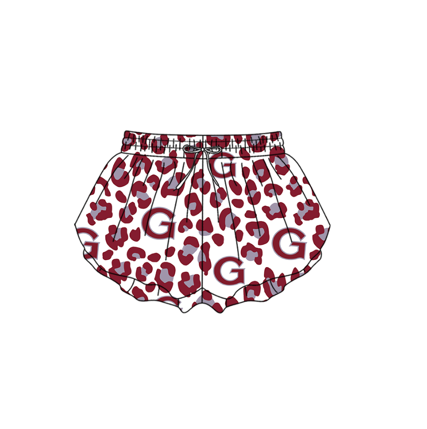 Preorder moq 5 Baby Girls Red Leopard Guntersville Team Ruffle Shorts Bottom