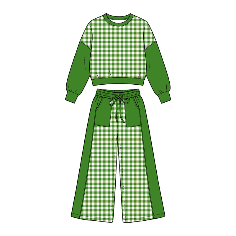 Preorder (moq5) Girl Clothes Green White Gingham Color Block Crop Sweatshirt Wide Leg Pants Set