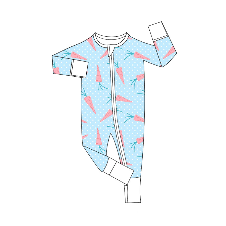 Preorder (moq 5) Baby Girl Clothes Easter Carrot Polka Dot Allover Print Long Sleeve Zip Romper Jumpsuit