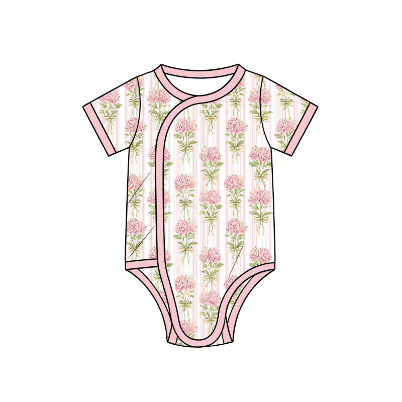 Preorder (moq 5) Baby Girl Clothes Pink Carnation Bow Stripe Mixed Print Short Sleeve Side Snap Baby Bodysuit