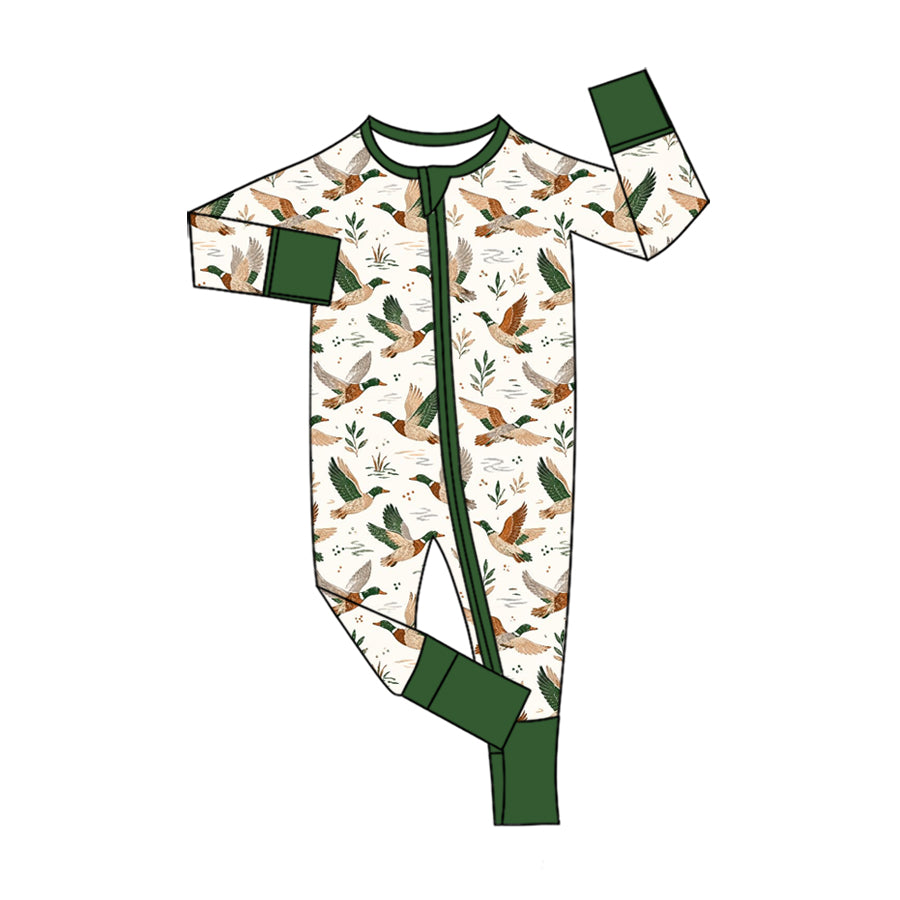 Preorder (moq 5) Baby Boy Clothes Retro Flying Duck Foliage Allover Print Long Sleeve Zip Romper Jumpsuit