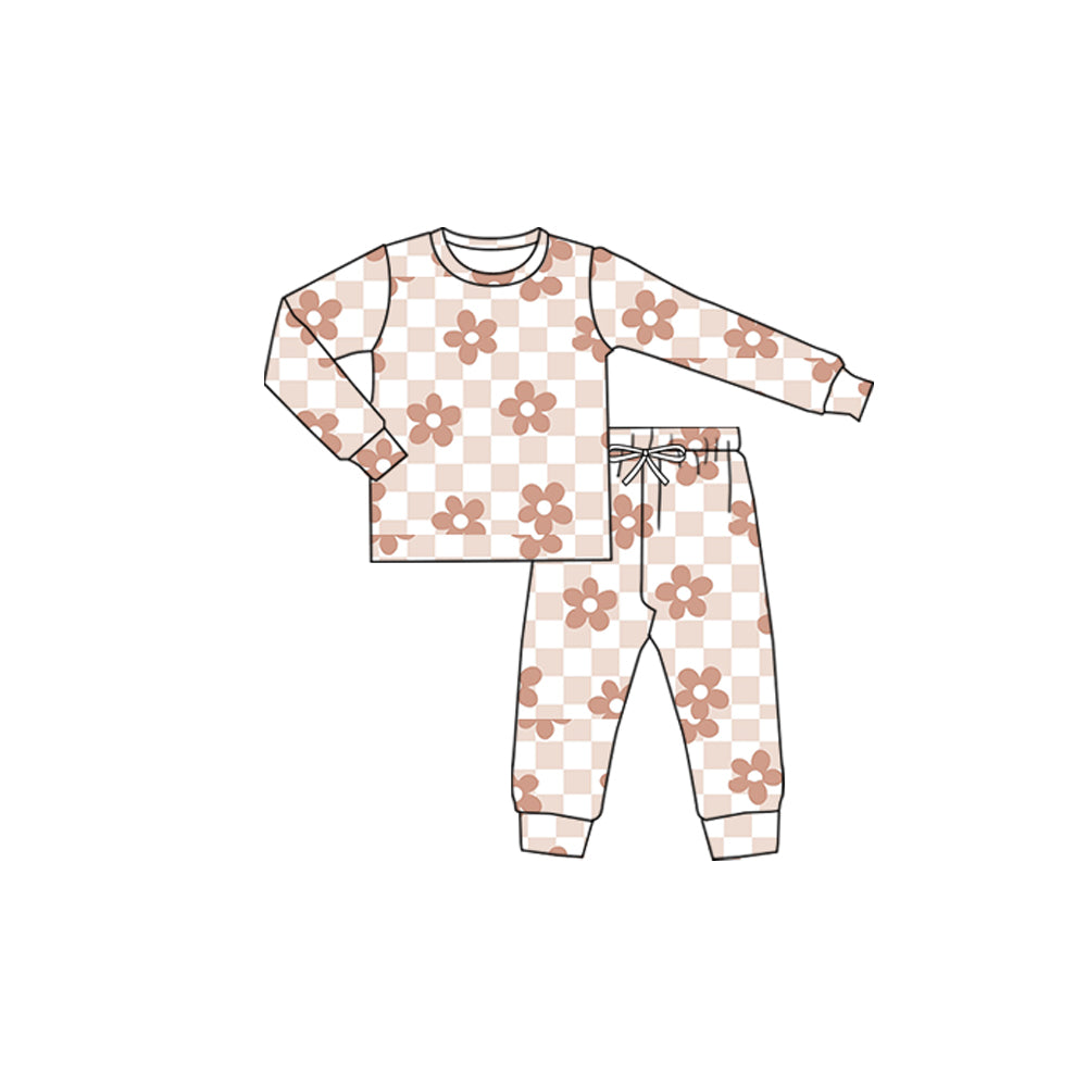 preorder(moq 5) Baby Girls Long Sleeves Pink Flowers Plaid Top Pants Pajamas Set