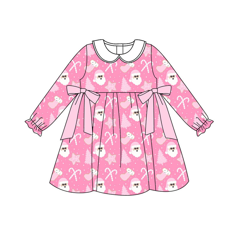 Preorder (moq 5)Baby Girls Pink Santa Candy Cane Bows Christmas Knee Length Dresses