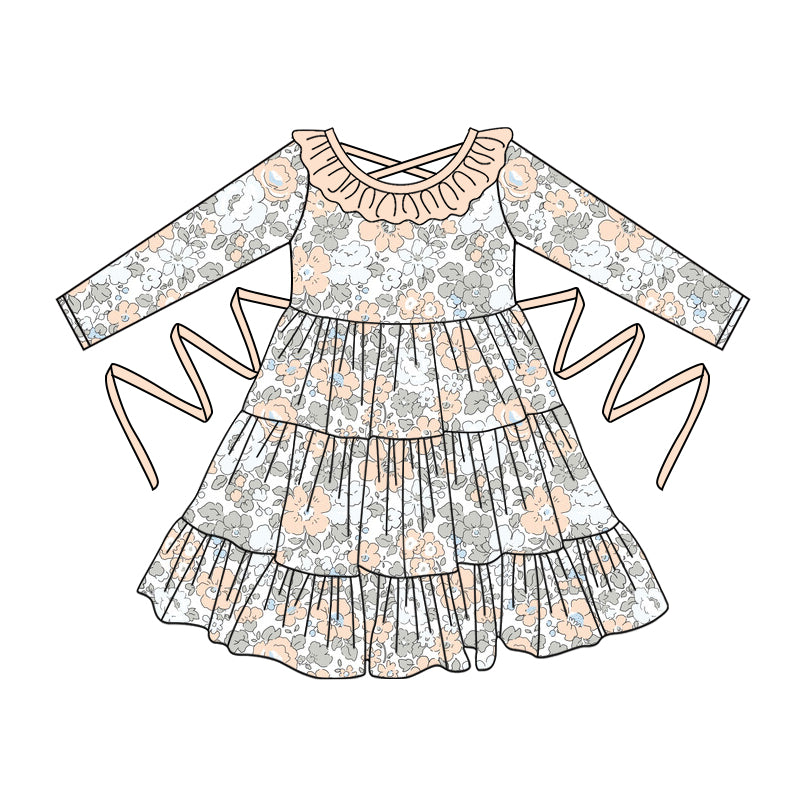 Preorder moq 5 Baby Girls Long Sleeves Creamy White Floral With Belt Ruffle Knee Length Dresses