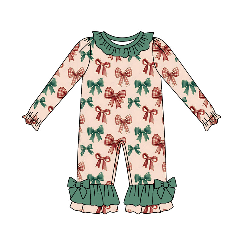 Preorder (moq 5)Baby Girls Long Sleeves Green Red Bows Plaid Ruffle Pant Rompers
