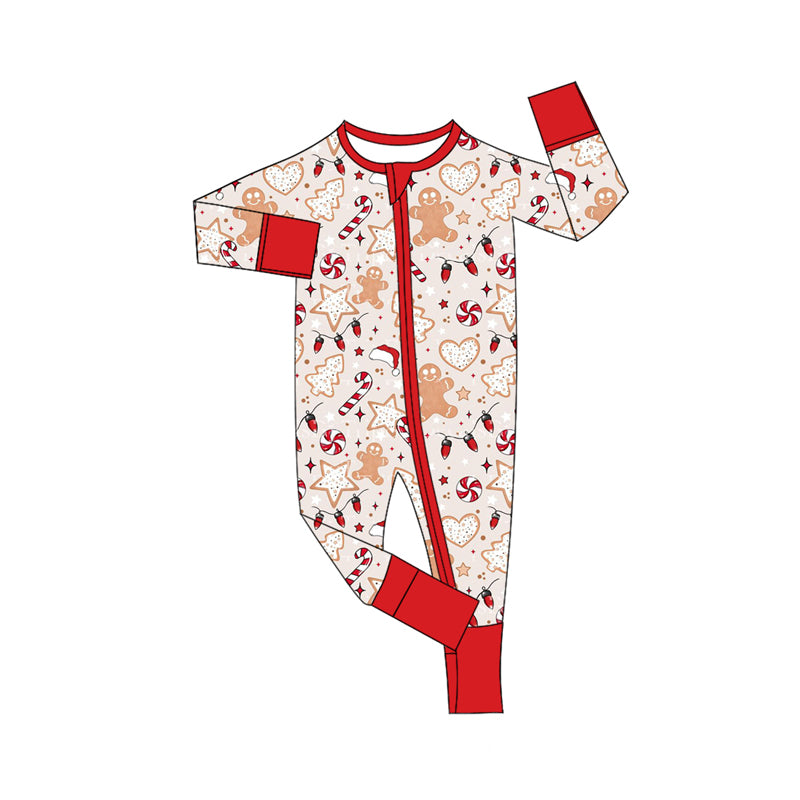 Preorder moq 5 Baby Infant Boys Long Sleeves Candy Cane Gingerbread Plaid Zipper Romper