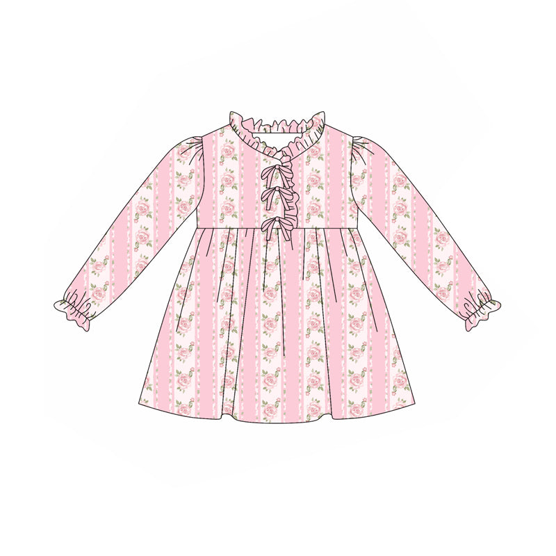 Preorder(moq 5) Baby Girls Long Ruffle Sleeves Pink Flower Stripe Knee Length Dresses