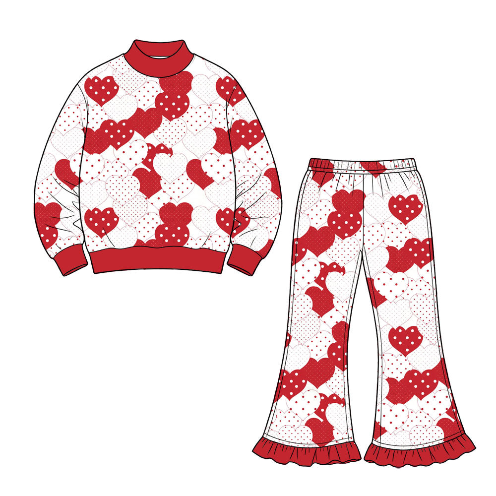 Preorder (moq 5) Baby Girl Clothes Red White Polka Dot Heart Print Long Sleeve Mock Neck Sweatshirt Ruffle Flare Pant Set