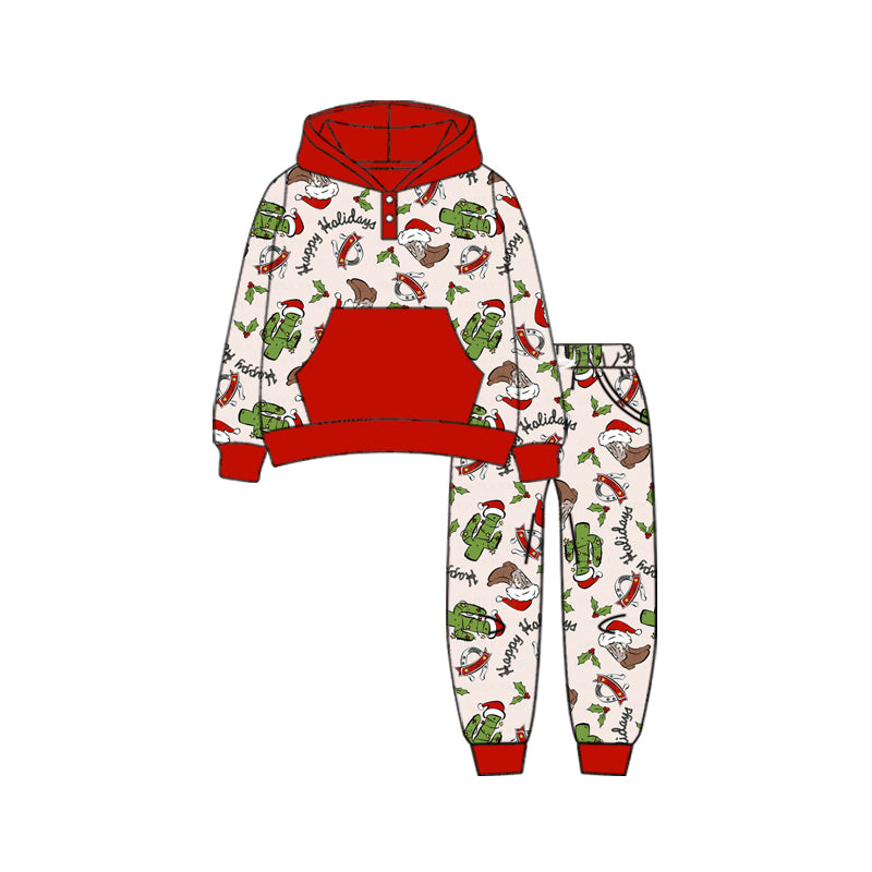 Preorder (moq 5)Baby Boys Long Sleeves Christmas Cactus Boots Button Pocket Hoodies Legging Pants Set
