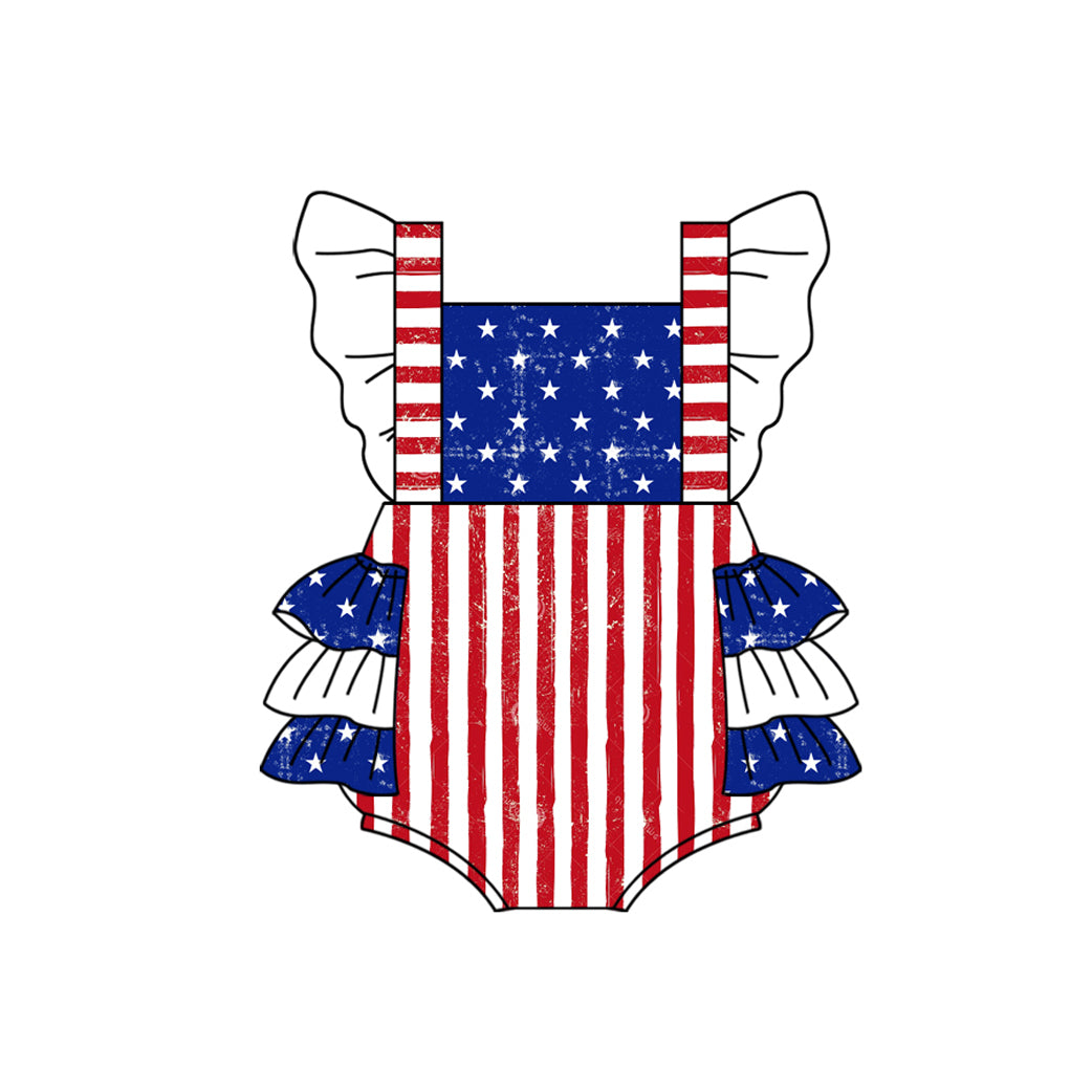 Preorder(moq 5)Baby Infant Girls 4th Of July Stripes Bubble Rompers