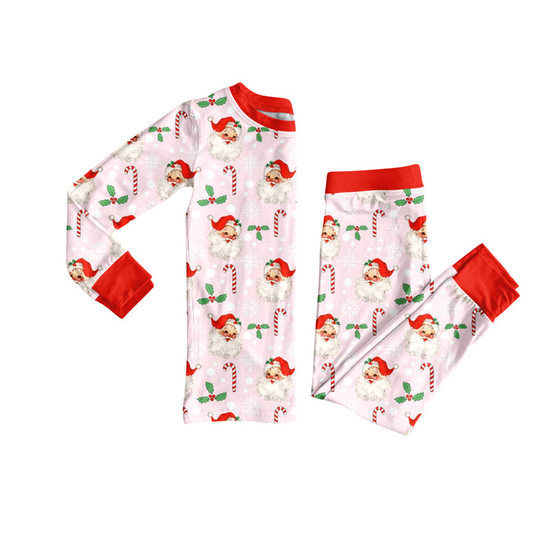 Preorder (moq 5)Baby Girls Long Sleeves Red Santa Candy Cane Top Pant Pajamas Sets