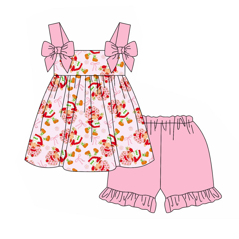 Preorder (moq 5)Baby Girls Pink Strap Floral Strawberry Bows Tunic Ruffle Short Clothes Sets