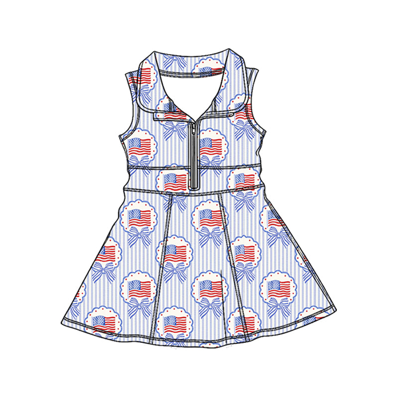 Preorder (moq 5)Baby Girls Bows Flags Stripe 4th of July Zipper Knee Length Dresses