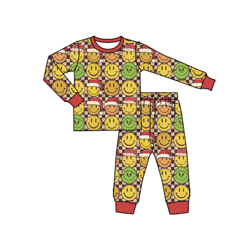 Preorder(moq 5) Baby Boys Long Sleeves Green Faces Smiles Plaid Top Pants Pajamas Set