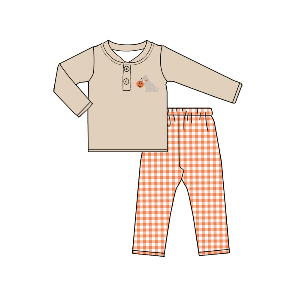 Preorder (moq 5)Baby Boys Dog Pumpkins Truck Top Checked Pant Halloween Clothes Sets