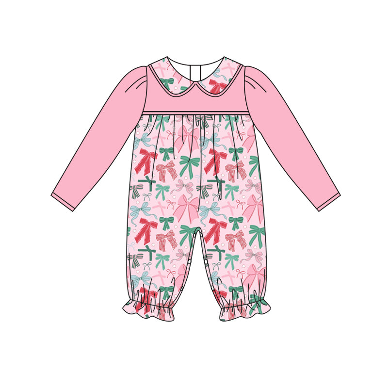 Preorder (moq 5)Baby Girls Pink Long Sleeves Colorful Bows Ruffle Pant Rompers