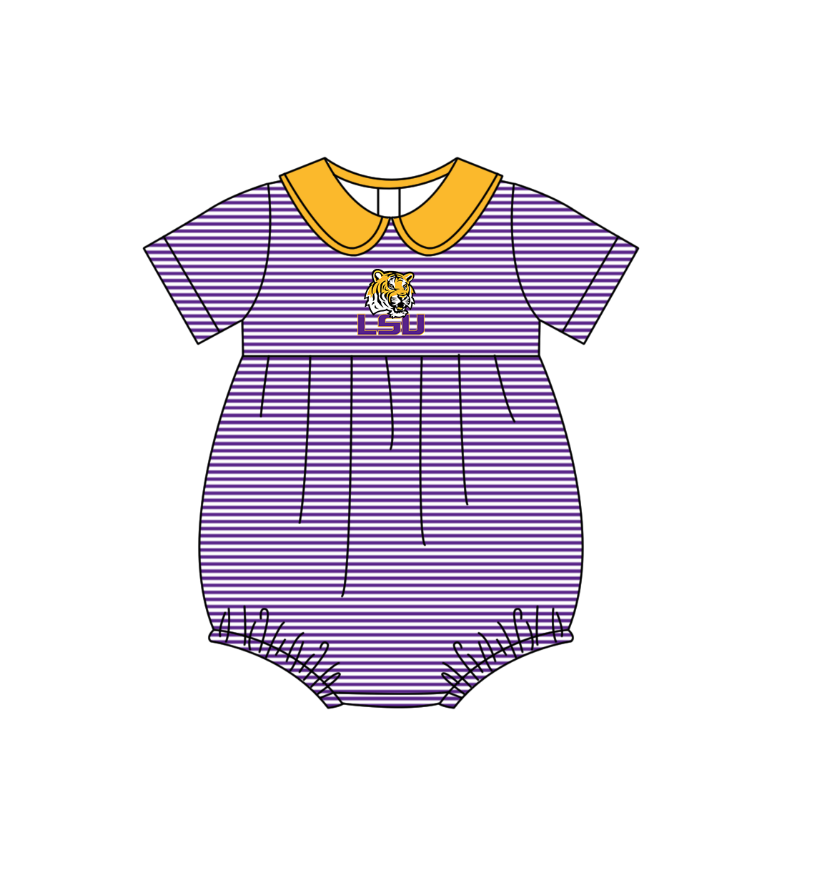 Preorder (moq 5)Baby Girls Short Sleeve LSU Tigers Team Ruffle Rompers