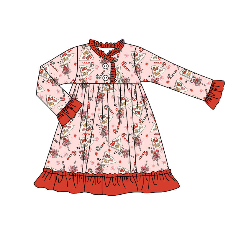 Preorder (moq 5)Baby Girls Long Ruffle Sleeves Pink Candy Cane Button Knee Length Dresses