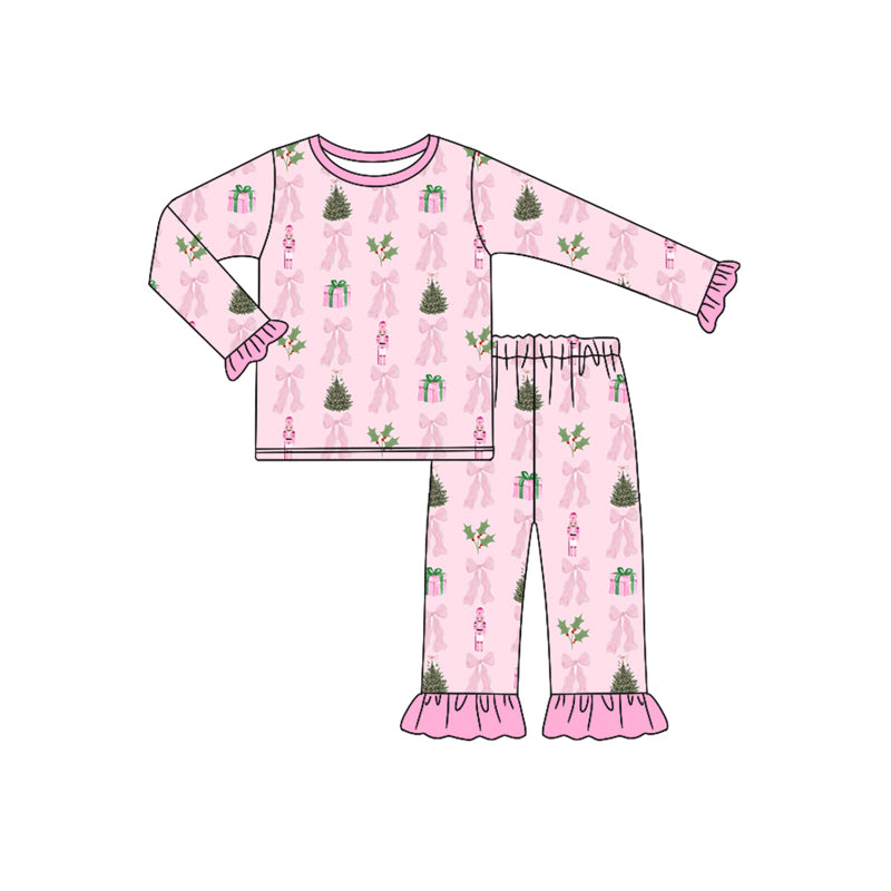 Preorder (moq 5)Baby Girls Long Ruffle Sleeves Bows Trees Plaid Top Pant Pajamas Sets
