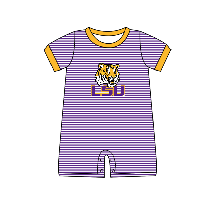 Preorder (moq 5)Baby Boys Short Sleeve LSU Tigers Team Stripe Rompers