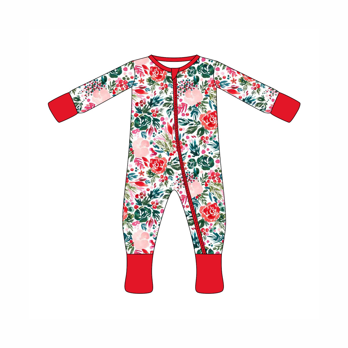 Preorder moq 10 Baby Kids Red Long Sleeves Floral Trees Zipper Pant Rompers