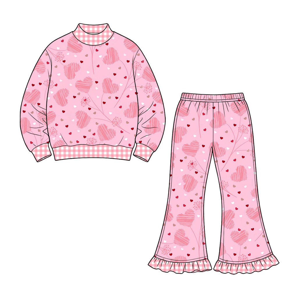 Preorder (moq 5) Baby Girl Clothes Sketch Heart Ditsy Floral Print Long Sleeve Mock Neck Sweatshirt Ruffle Flare Pant Set