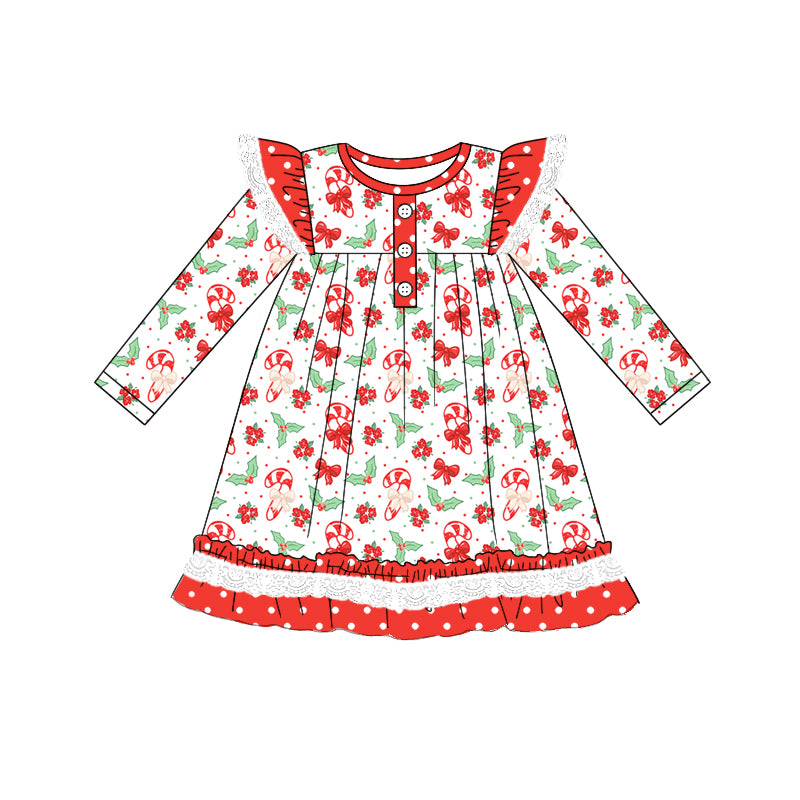 Preorder (moq 5)Baby Girls Long Sleeves Candy Cane Bows Holly Button Ruffle Knee Length Dress