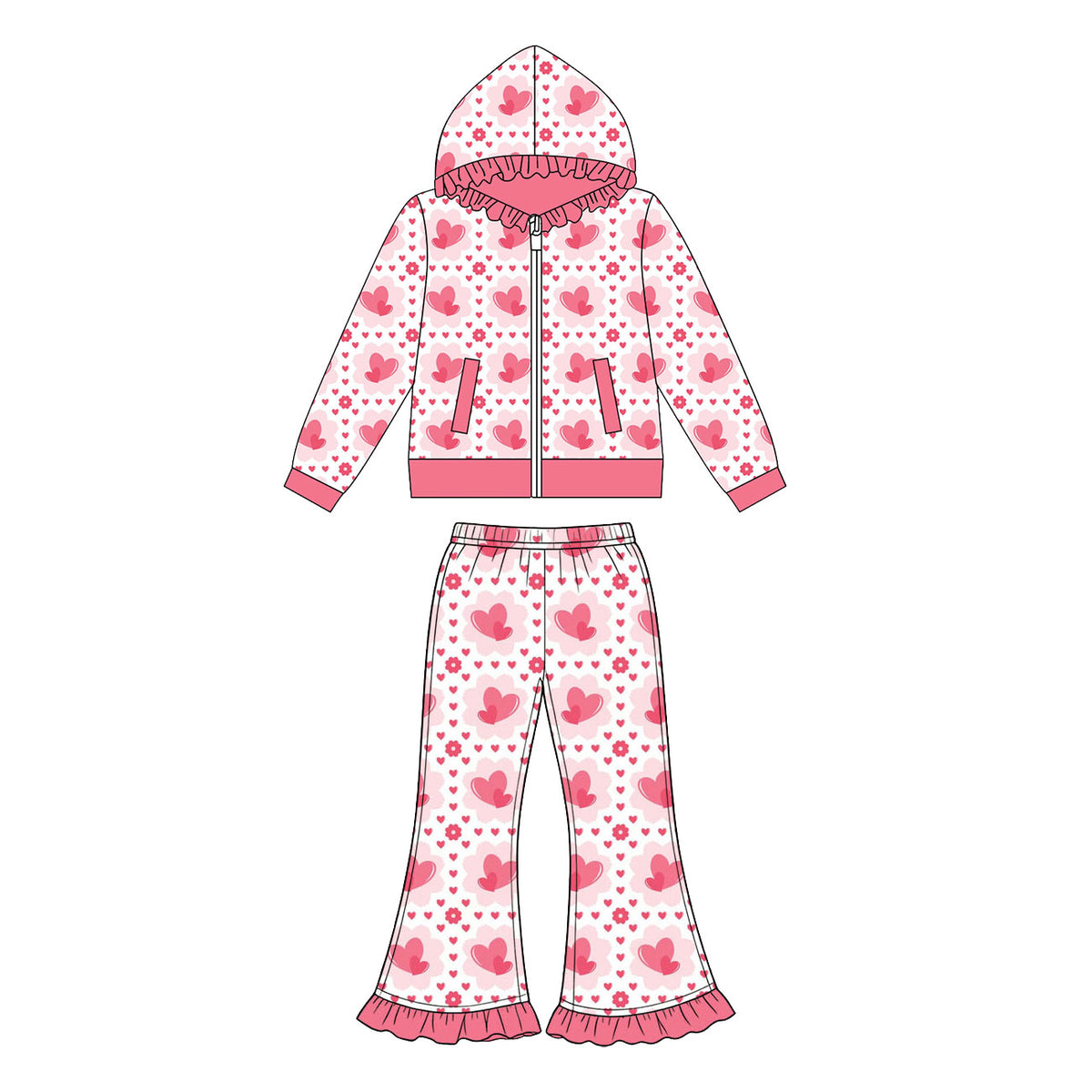 Preorder (moq 5) Baby Girl Clothes Pink Heart Floral Print Long Sleeve Ruffle Hood Zip Jacket Ruffle Flare Pant Set