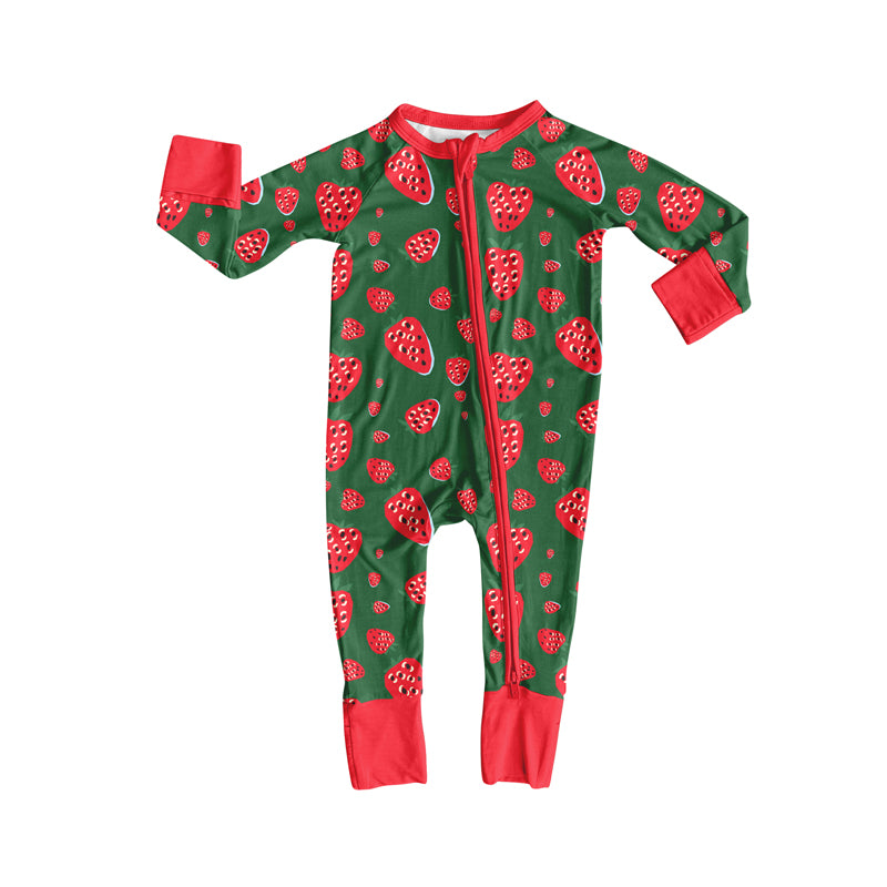 Preorder(moq 5)Baby Infant Green Strawberry Zipper Footie Rompers