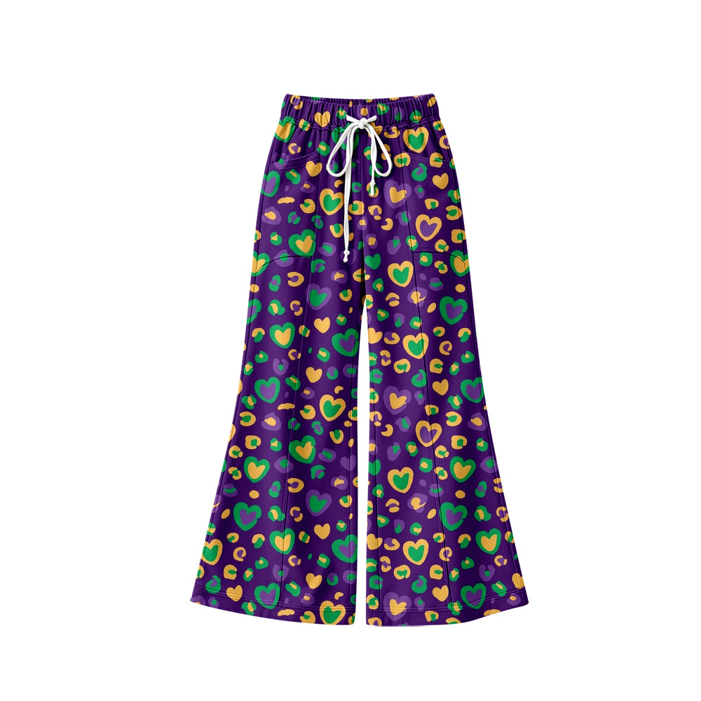 Preorder (moq 5) Baby Girl Clothes Mardi Gras Heart Leopard Allover Print Long Drawstring Flare Pants