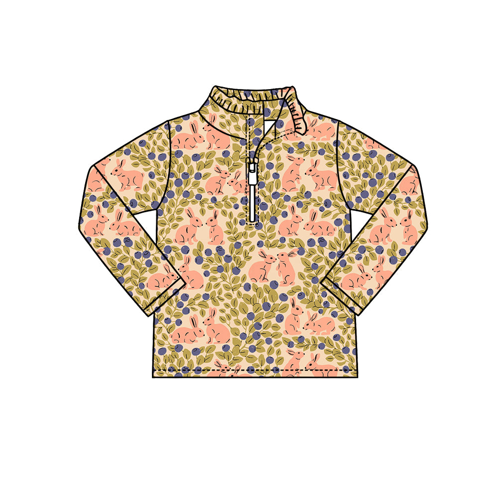 Preorder (moq 5) Baby Girl Clothes Peach Bunny Berry Leaf Allover Print Long Sleeve Half Zip Top