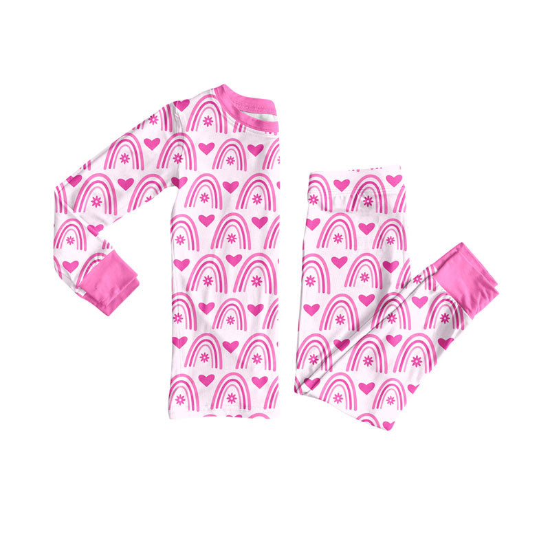 Preorder (moq 5)Baby Girls Pink Rainbows Hearts Checked Top Pants Valentine Pajamas Sets