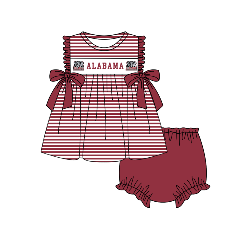 Preorder (moq 5)Baby Girls Red Sleeveless Alabama Stripe Tunic Bummies Team Clothes Sets